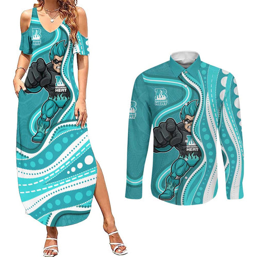 Brisbane Heat Couples Matching Summer Maxi Dress and Long Sleeve Button Shirt Aboriginal Dot Art Cyan White - Tribal Wave Pattern