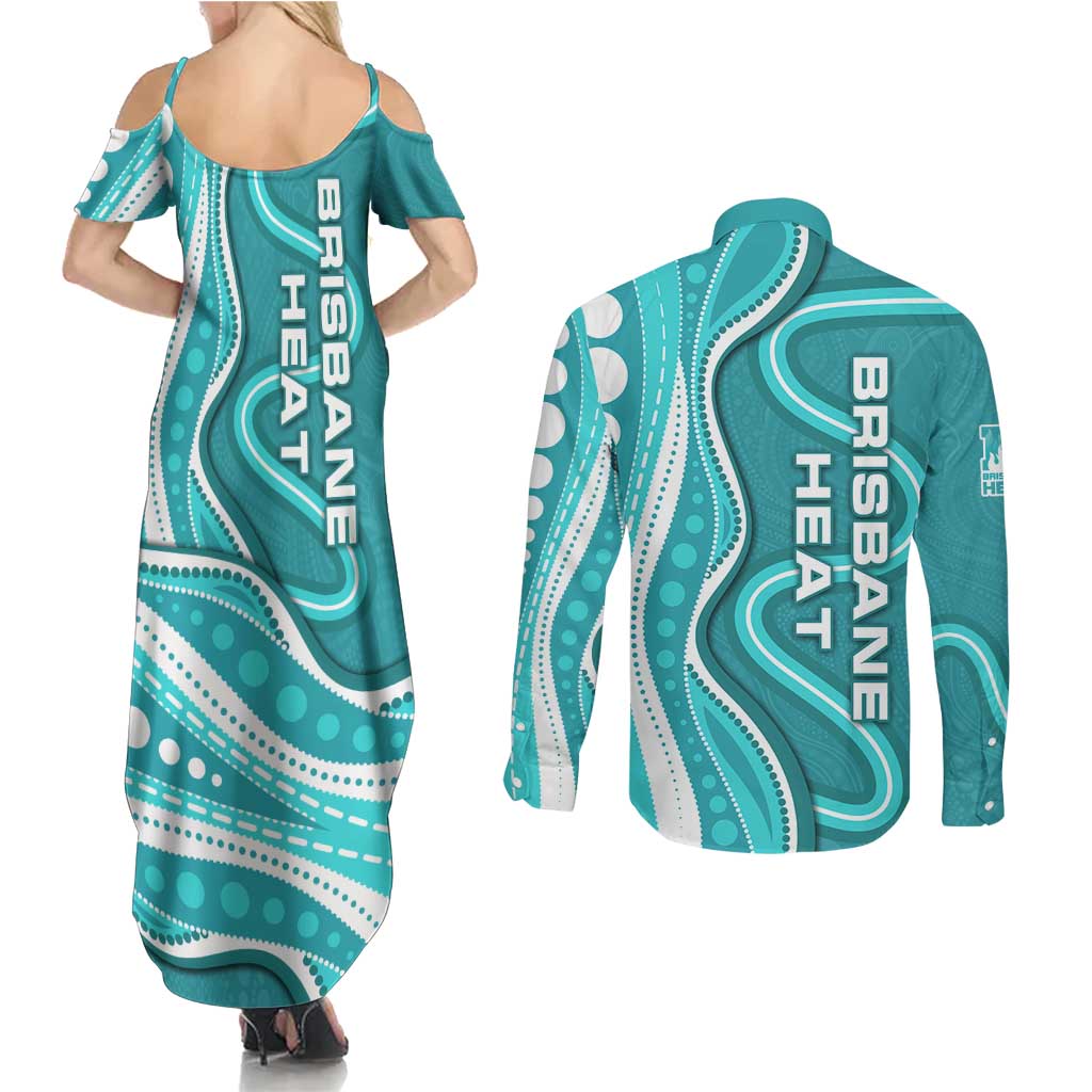 Brisbane Heat Couples Matching Summer Maxi Dress and Long Sleeve Button Shirt Aboriginal Dot Art Cyan White - Tribal Wave Pattern