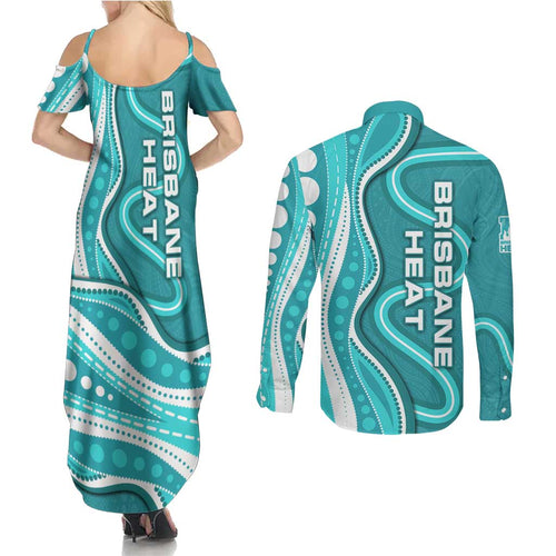 Brisbane Heat Couples Matching Summer Maxi Dress and Long Sleeve Button Shirt Aboriginal Dot Art Cyan White - Tribal Wave Pattern