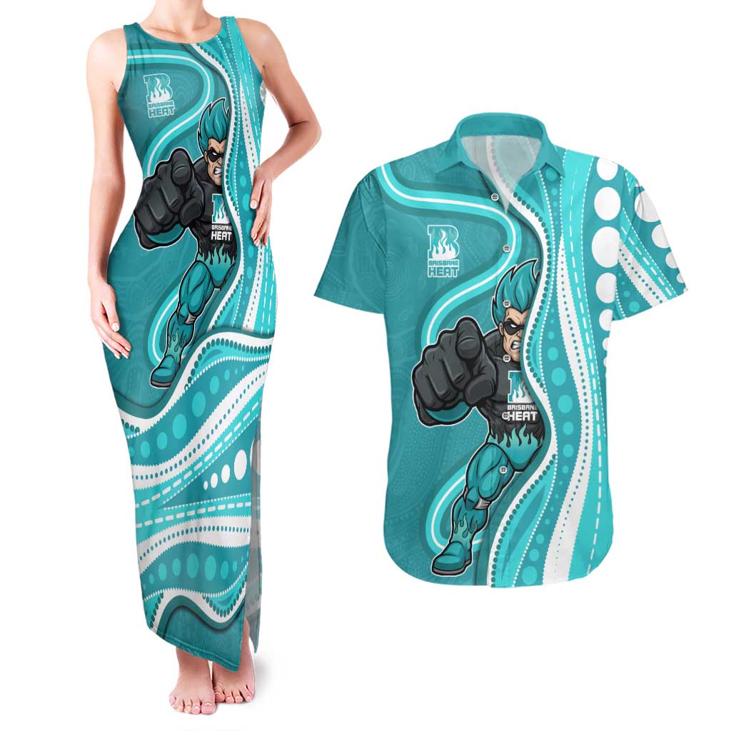 Brisbane Heat Couples Matching Tank Maxi Dress and Hawaiian Shirt Aboriginal Dot Art Cyan White - Tribal Wave Pattern