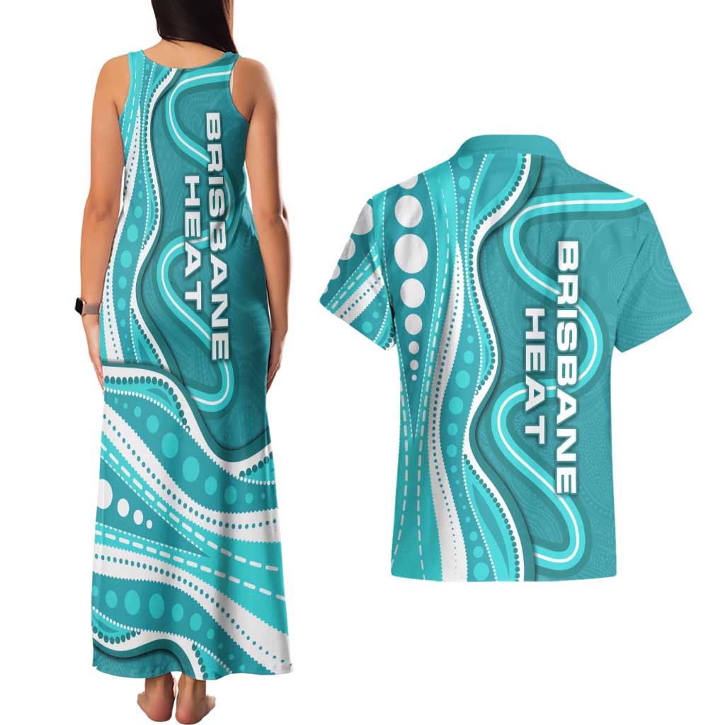Brisbane Heat Couples Matching Tank Maxi Dress and Hawaiian Shirt Aboriginal Dot Art Cyan White - Tribal Wave Pattern