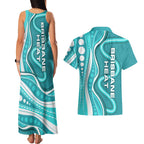 Brisbane Heat Couples Matching Tank Maxi Dress and Hawaiian Shirt Aboriginal Dot Art Cyan White - Tribal Wave Pattern