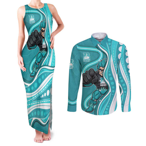 Brisbane Heat Couples Matching Tank Maxi Dress and Long Sleeve Button Shirt Aboriginal Dot Art Cyan White - Tribal Wave Pattern