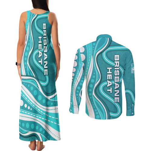 Brisbane Heat Couples Matching Tank Maxi Dress and Long Sleeve Button Shirt Aboriginal Dot Art Cyan White - Tribal Wave Pattern