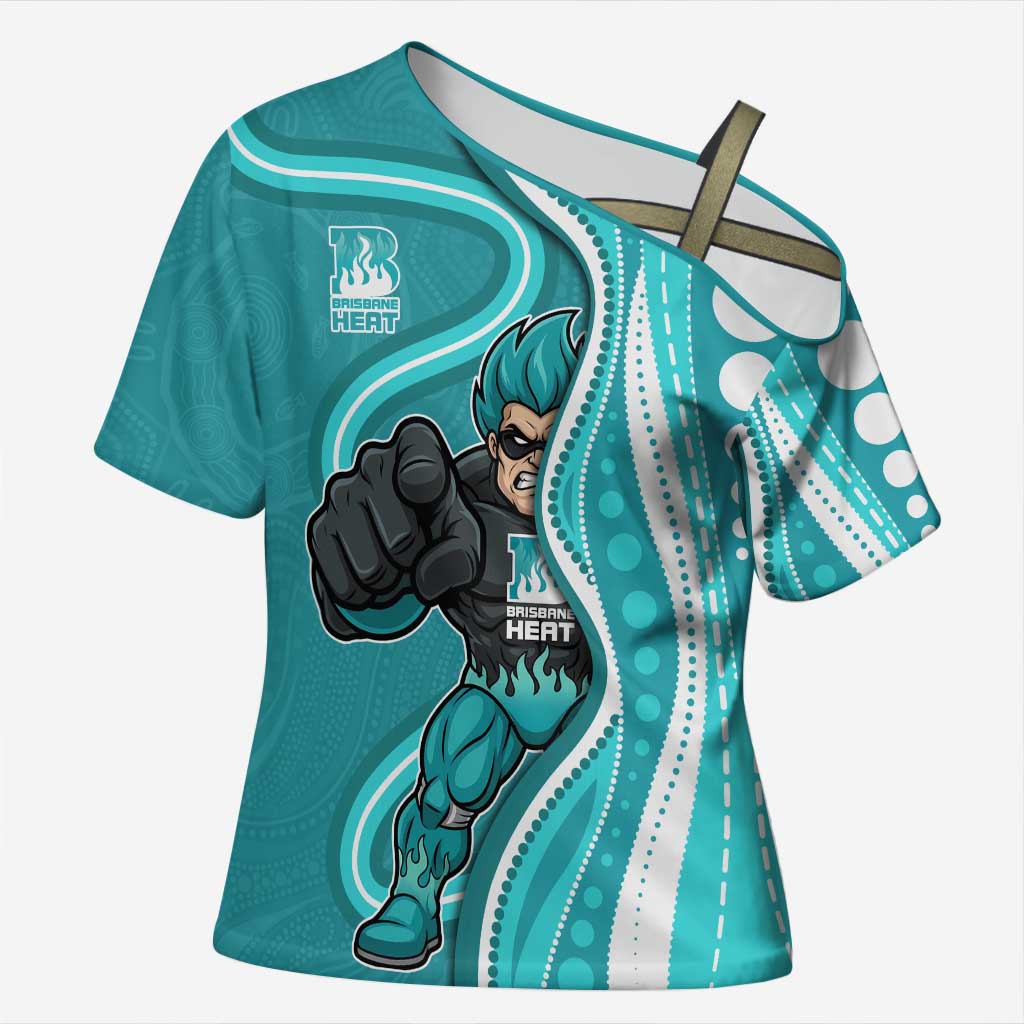 Brisbane Heat Cross Shoulder Shirt Aboriginal Dot Art Cyan White - Tribal Wave Pattern