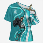Brisbane Heat Cross Shoulder Shirt Aboriginal Dot Art Cyan White - Tribal Wave Pattern