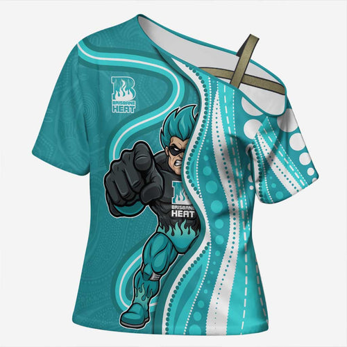 Brisbane Heat Cross Shoulder Shirt Aboriginal Dot Art Cyan White - Tribal Wave Pattern