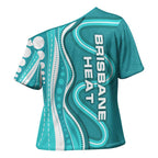 Brisbane Heat Cross Shoulder Shirt Aboriginal Dot Art Cyan White - Tribal Wave Pattern