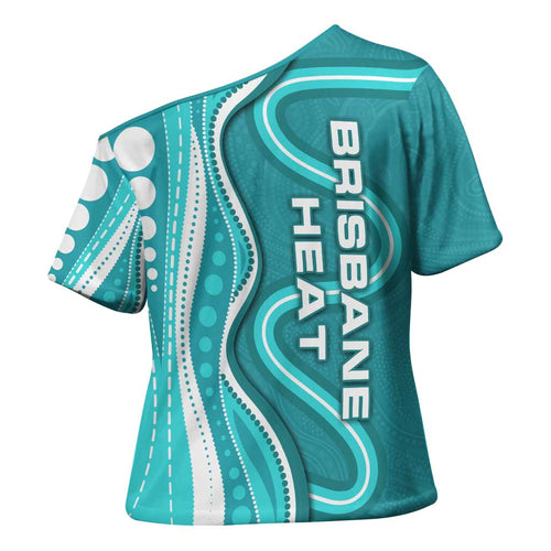 Brisbane Heat Cross Shoulder Shirt Aboriginal Dot Art Cyan White - Tribal Wave Pattern