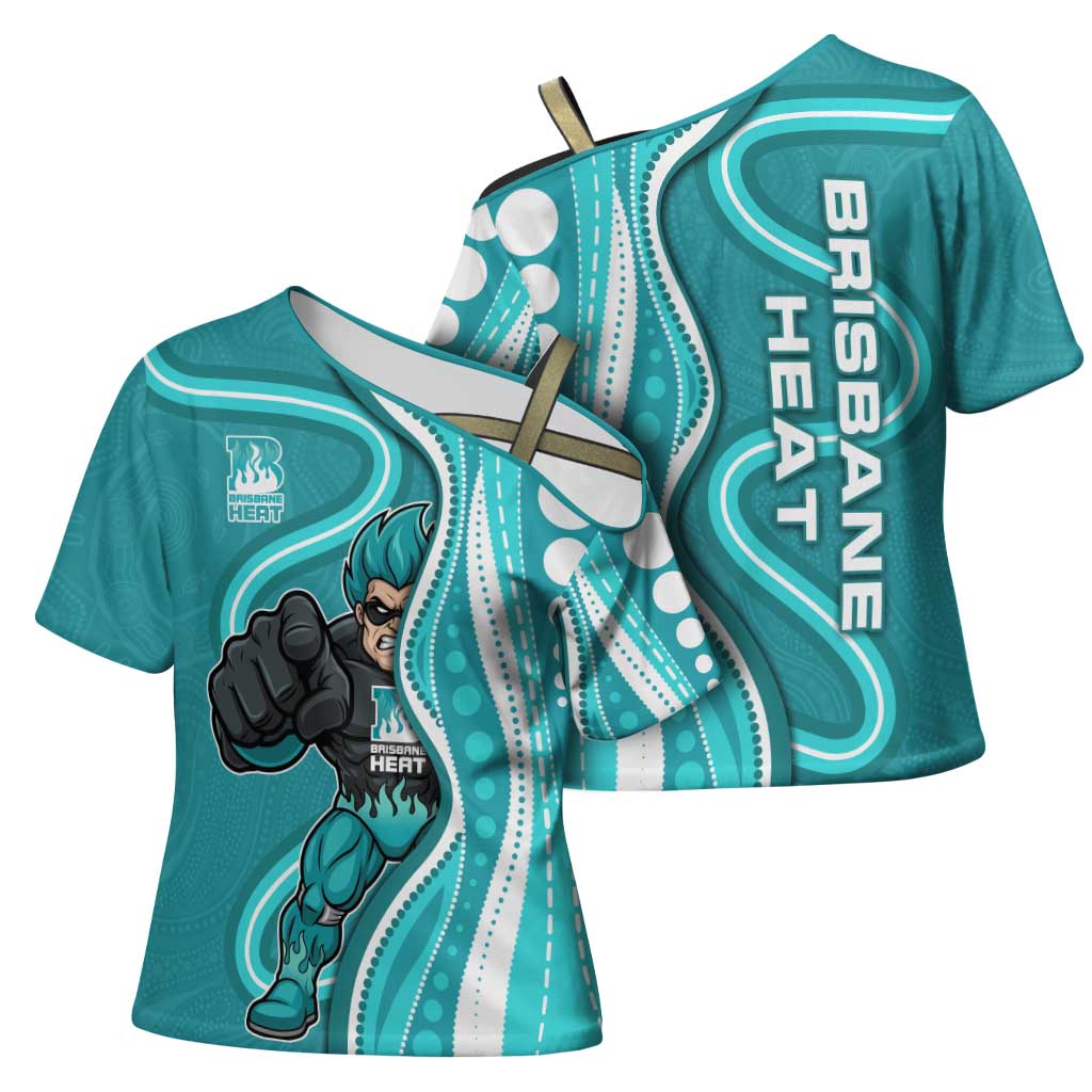 Brisbane Heat Cross Shoulder Shirt Aboriginal Dot Art Cyan White - Tribal Wave Pattern