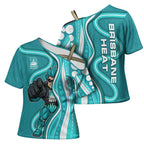 Brisbane Heat Cross Shoulder Shirt Aboriginal Dot Art Cyan White - Tribal Wave Pattern