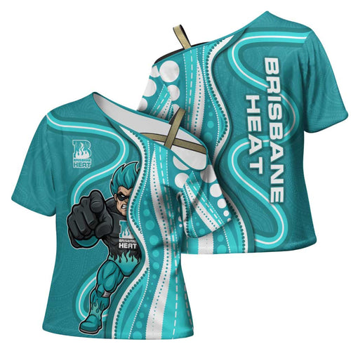 Brisbane Heat Cross Shoulder Shirt Aboriginal Dot Art Cyan White - Tribal Wave Pattern