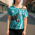 Brisbane Heat Cross Shoulder Shirt Aboriginal Dot Art Cyan White - Tribal Wave Pattern