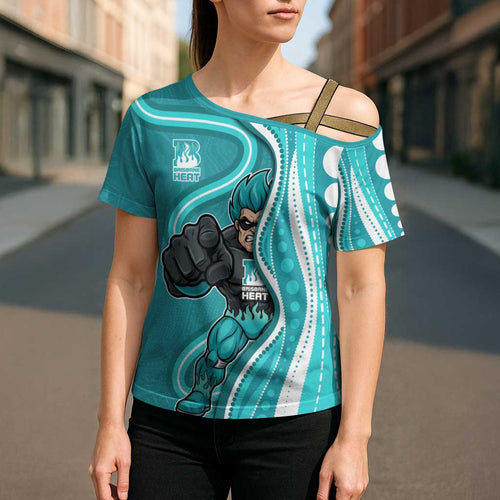 Brisbane Heat Cross Shoulder Shirt Aboriginal Dot Art Cyan White - Tribal Wave Pattern