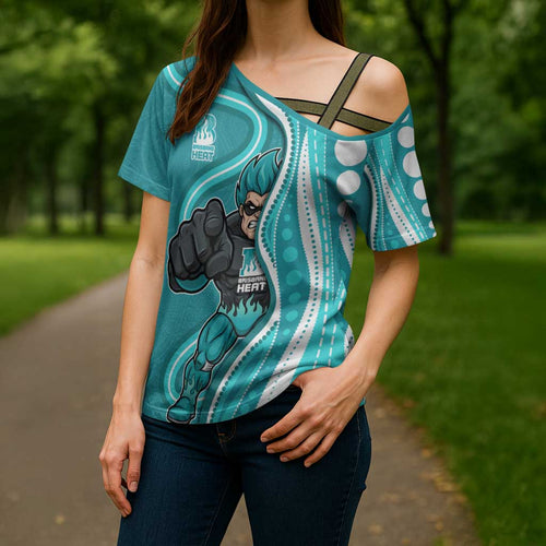 Brisbane Heat Cross Shoulder Shirt Aboriginal Dot Art Cyan White - Tribal Wave Pattern