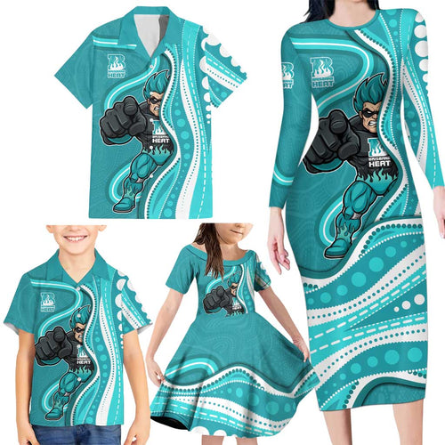 Brisbane Heat Family Matching Long Sleeve Bodycon Dress and Hawaiian Shirt Aboriginal Dot Art Cyan White - Tribal Wave Pattern
