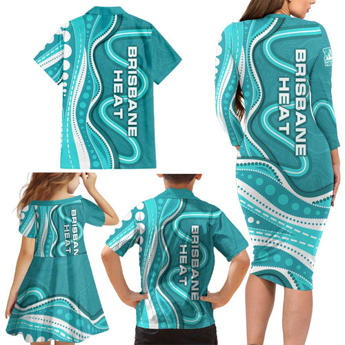 Brisbane Heat Family Matching Long Sleeve Bodycon Dress and Hawaiian Shirt Aboriginal Dot Art Cyan White - Tribal Wave Pattern