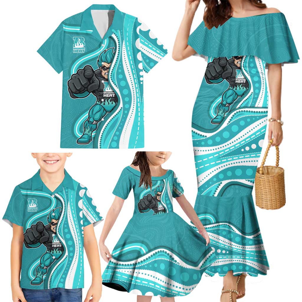 Brisbane Heat Family Matching Mermaid Dress and Hawaiian Shirt Aboriginal Dot Art Cyan White - Tribal Wave Pattern