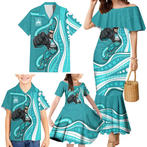 Brisbane Heat Family Matching Mermaid Dress and Hawaiian Shirt Aboriginal Dot Art Cyan White - Tribal Wave Pattern