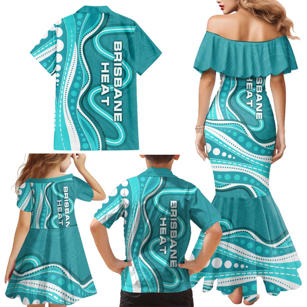 Brisbane Heat Family Matching Mermaid Dress and Hawaiian Shirt Aboriginal Dot Art Cyan White - Tribal Wave Pattern