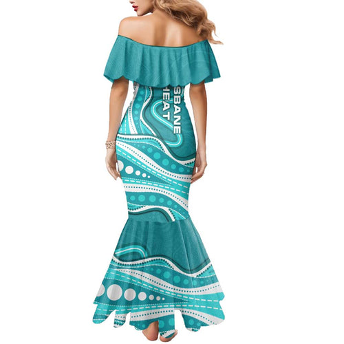 Brisbane Heat Family Matching Mermaid Dress and Hawaiian Shirt Aboriginal Dot Art Cyan White - Tribal Wave Pattern