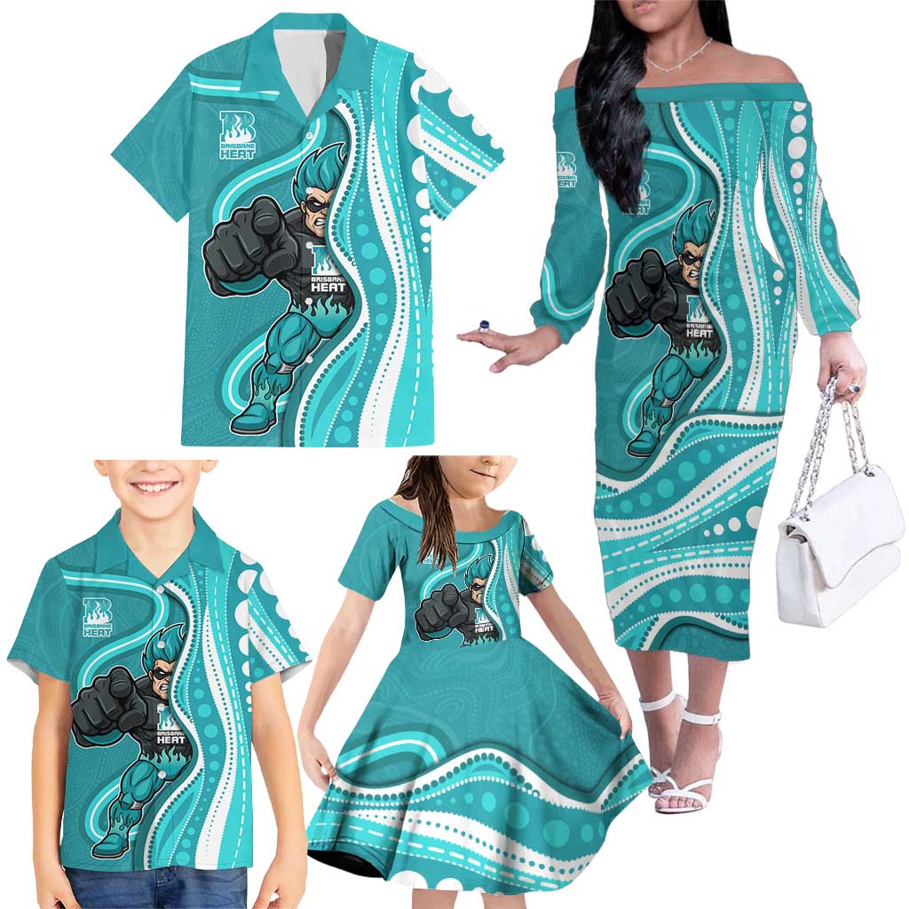 Brisbane Heat Family Matching Off The Shoulder Long Sleeve Dress and Hawaiian Shirt Aboriginal Dot Art Cyan White - Tribal Wave Pattern