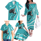 Brisbane Heat Family Matching Off The Shoulder Long Sleeve Dress and Hawaiian Shirt Aboriginal Dot Art Cyan White - Tribal Wave Pattern