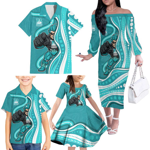 Brisbane Heat Family Matching Off The Shoulder Long Sleeve Dress and Hawaiian Shirt Aboriginal Dot Art Cyan White - Tribal Wave Pattern