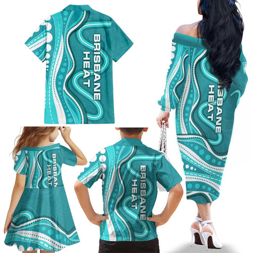 Brisbane Heat Family Matching Off The Shoulder Long Sleeve Dress and Hawaiian Shirt Aboriginal Dot Art Cyan White - Tribal Wave Pattern