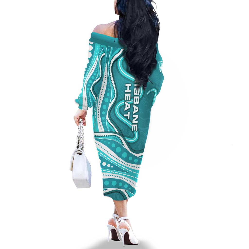 Brisbane Heat Family Matching Off The Shoulder Long Sleeve Dress and Hawaiian Shirt Aboriginal Dot Art Cyan White - Tribal Wave Pattern
