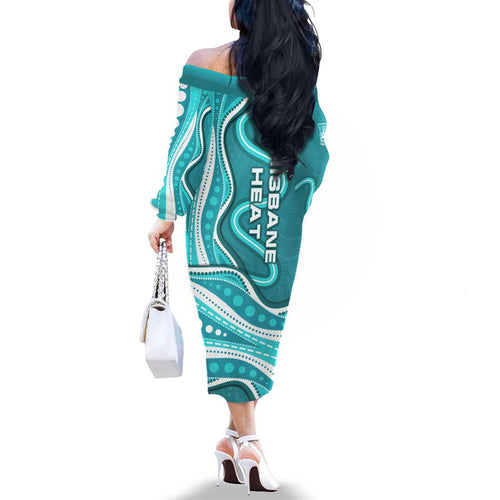 Brisbane Heat Family Matching Off The Shoulder Long Sleeve Dress and Hawaiian Shirt Aboriginal Dot Art Cyan White - Tribal Wave Pattern