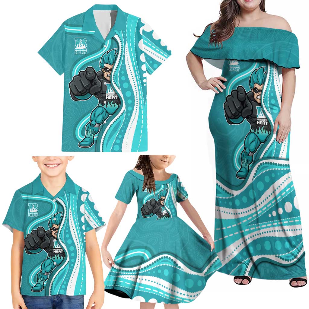 Brisbane Heat Family Matching Off Shoulder Maxi Dress and Hawaiian Shirt Aboriginal Dot Art Cyan White - Tribal Wave Pattern