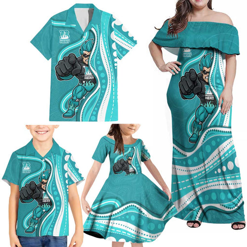 Brisbane Heat Family Matching Off Shoulder Maxi Dress and Hawaiian Shirt Aboriginal Dot Art Cyan White - Tribal Wave Pattern