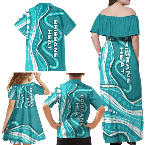 Brisbane Heat Family Matching Off Shoulder Maxi Dress and Hawaiian Shirt Aboriginal Dot Art Cyan White - Tribal Wave Pattern
