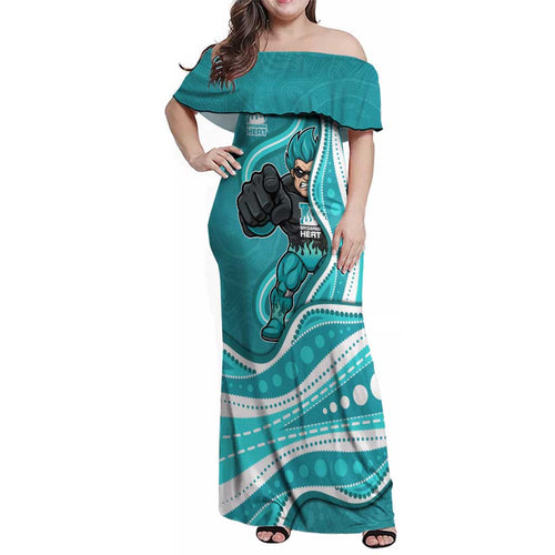 Brisbane Heat Family Matching Off Shoulder Maxi Dress and Hawaiian Shirt Aboriginal Dot Art Cyan White - Tribal Wave Pattern