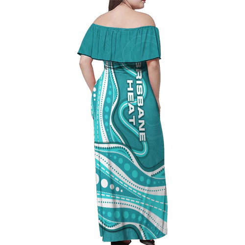 Brisbane Heat Family Matching Off Shoulder Maxi Dress and Hawaiian Shirt Aboriginal Dot Art Cyan White - Tribal Wave Pattern