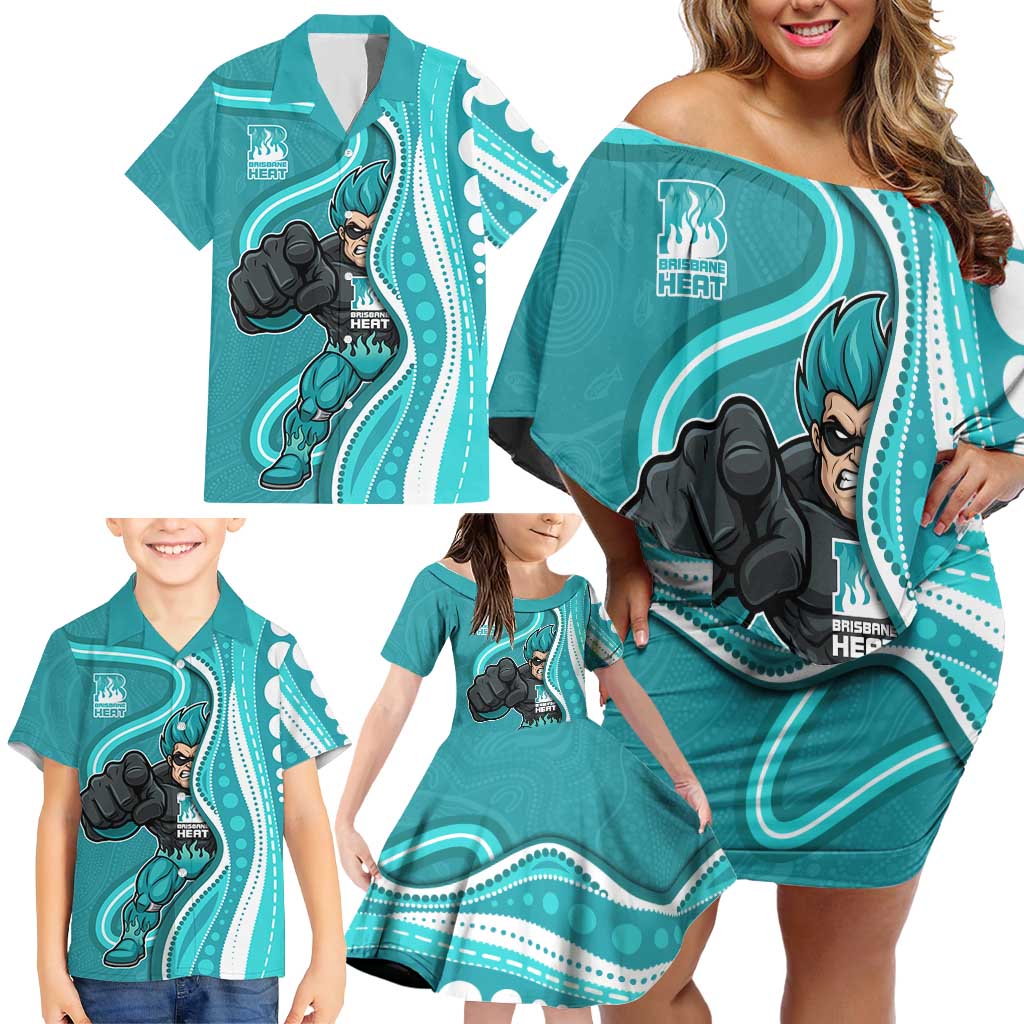 Brisbane Heat Family Matching Off Shoulder Short Dress and Hawaiian Shirt Aboriginal Dot Art Cyan White - Tribal Wave Pattern