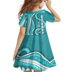 Brisbane Heat Family Matching Off Shoulder Short Dress and Hawaiian Shirt Aboriginal Dot Art Cyan White - Tribal Wave Pattern