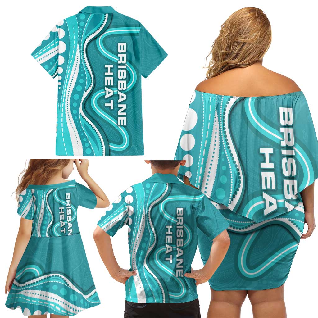 Brisbane Heat Family Matching Off Shoulder Short Dress and Hawaiian Shirt Aboriginal Dot Art Cyan White - Tribal Wave Pattern