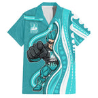 Brisbane Heat Family Matching Off Shoulder Short Dress and Hawaiian Shirt Aboriginal Dot Art Cyan White - Tribal Wave Pattern