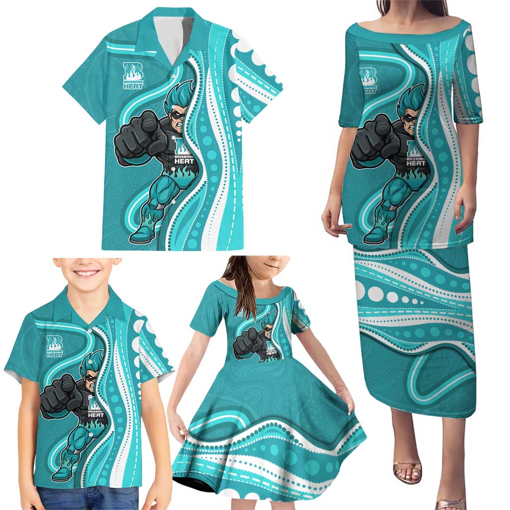 Brisbane Heat Family Matching Puletasi and Hawaiian Shirt Aboriginal Dot Art Cyan White - Tribal Wave Pattern