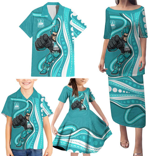 Brisbane Heat Family Matching Puletasi and Hawaiian Shirt Aboriginal Dot Art Cyan White - Tribal Wave Pattern