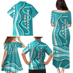 Brisbane Heat Family Matching Puletasi and Hawaiian Shirt Aboriginal Dot Art Cyan White - Tribal Wave Pattern
