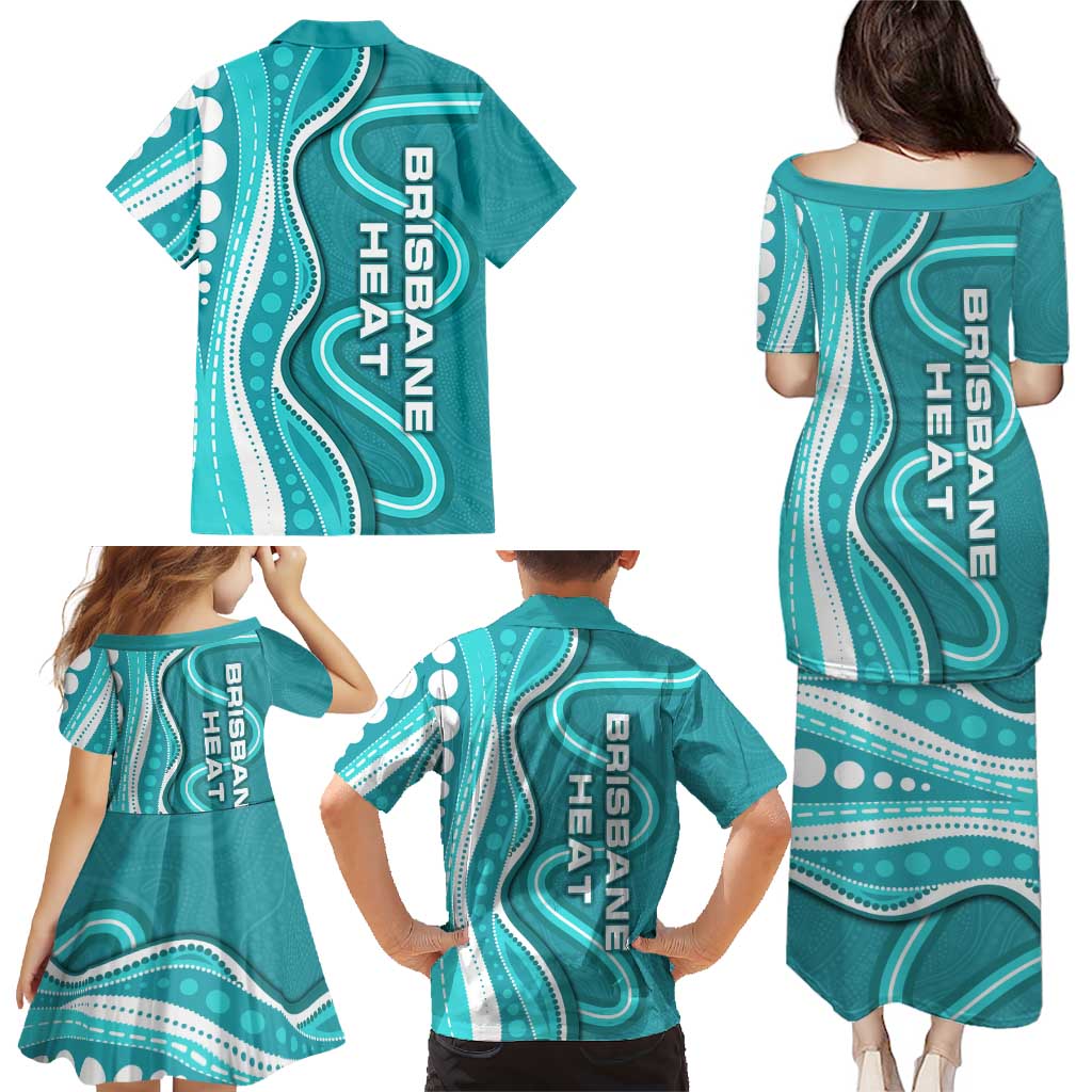 Brisbane Heat Family Matching Puletasi and Hawaiian Shirt Aboriginal Dot Art Cyan White - Tribal Wave Pattern