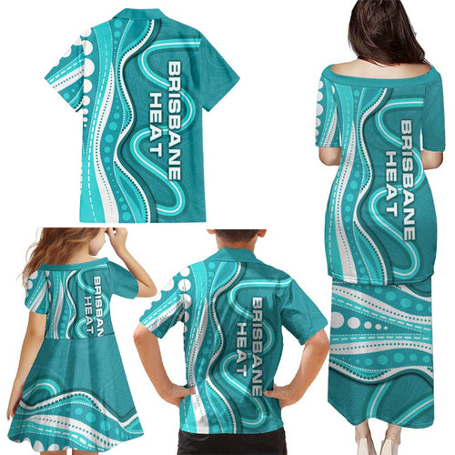 Brisbane Heat Family Matching Puletasi and Hawaiian Shirt Aboriginal Dot Art Cyan White - Tribal Wave Pattern