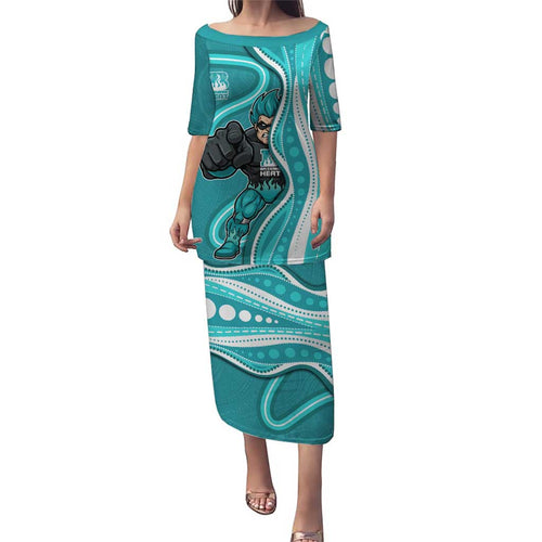 Brisbane Heat Family Matching Puletasi and Hawaiian Shirt Aboriginal Dot Art Cyan White - Tribal Wave Pattern