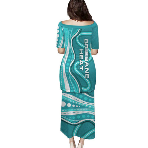 Brisbane Heat Family Matching Puletasi and Hawaiian Shirt Aboriginal Dot Art Cyan White - Tribal Wave Pattern