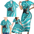 Brisbane Heat Family Matching Short Sleeve Bodycon Dress and Hawaiian Shirt Aboriginal Dot Art Cyan White - Tribal Wave Pattern