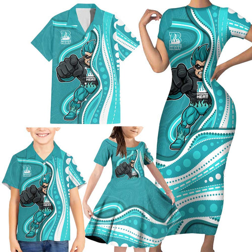 Brisbane Heat Family Matching Short Sleeve Bodycon Dress and Hawaiian Shirt Aboriginal Dot Art Cyan White - Tribal Wave Pattern