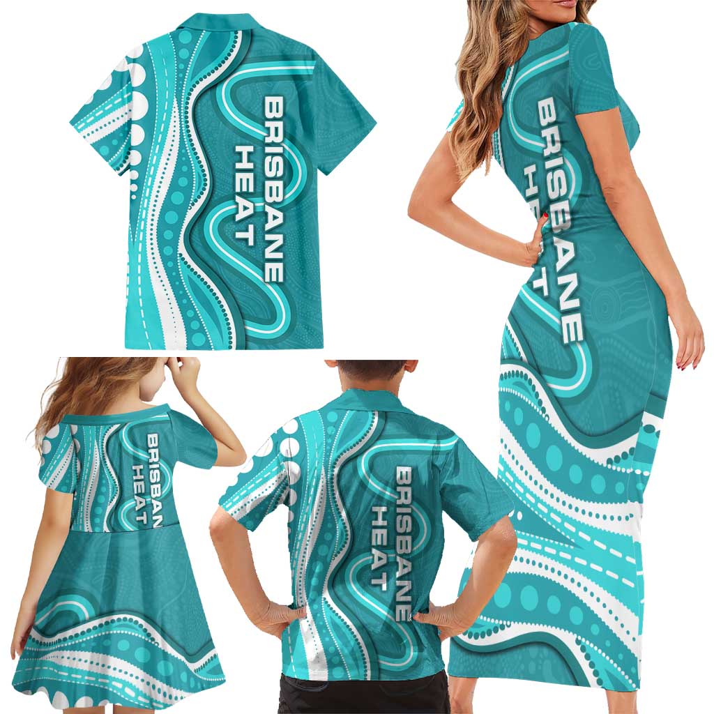 Brisbane Heat Family Matching Short Sleeve Bodycon Dress and Hawaiian Shirt Aboriginal Dot Art Cyan White - Tribal Wave Pattern